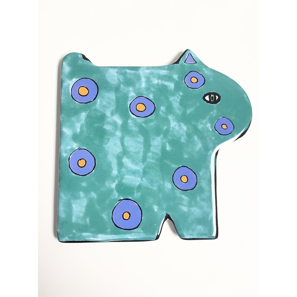 Vtg Ceramic Cat Trivet Porta Annee Goodchild Teal Spots Footed Plate Eccentric‎